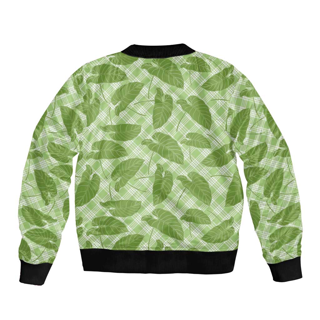 Green Hawaii Kalo Palaka Motifs Sleeve Zip Bomber Jacket Hawaiian Taro Leaves Elegant Vibes - Polynesian Pride