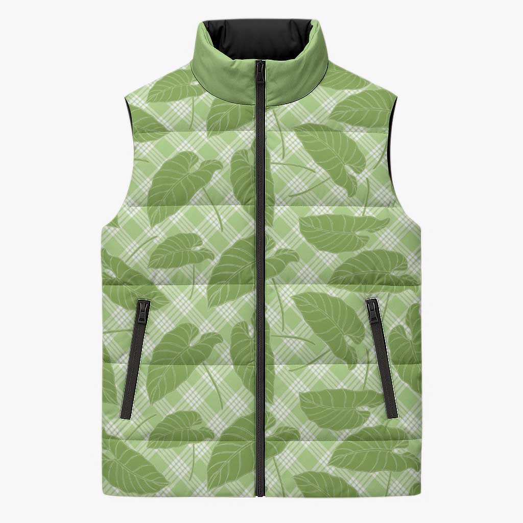 Green Hawaii Kalo Palaka Motifs Sleeveless Puffer Jacket Hawaiian Taro Leaves Elegant Vibes - Polynesian Pride