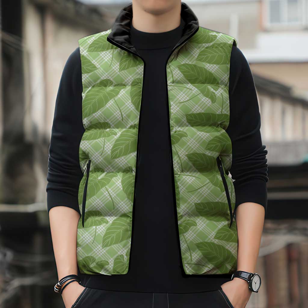Green Hawaii Kalo Palaka Motifs Sleeveless Puffer Jacket Hawaiian Taro Leaves Elegant Vibes - Polynesian Pride
