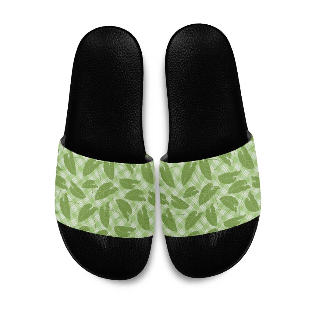 Green Hawaii Kalo Palaka Motifs Slide Sandals Hawaiian Taro Leaves Elegant Vibes - Polynesian Pride