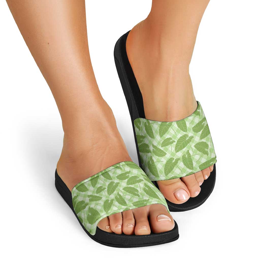 Green Hawaii Kalo Palaka Motifs Slide Sandals Hawaiian Taro Leaves Elegant Vibes - Polynesian Pride