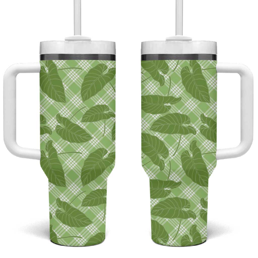 Green Hawaii Kalo Palaka Motifs Tumbler With Handle Hawaiian Taro Leaves Elegant Vibes - Polynesian Pride