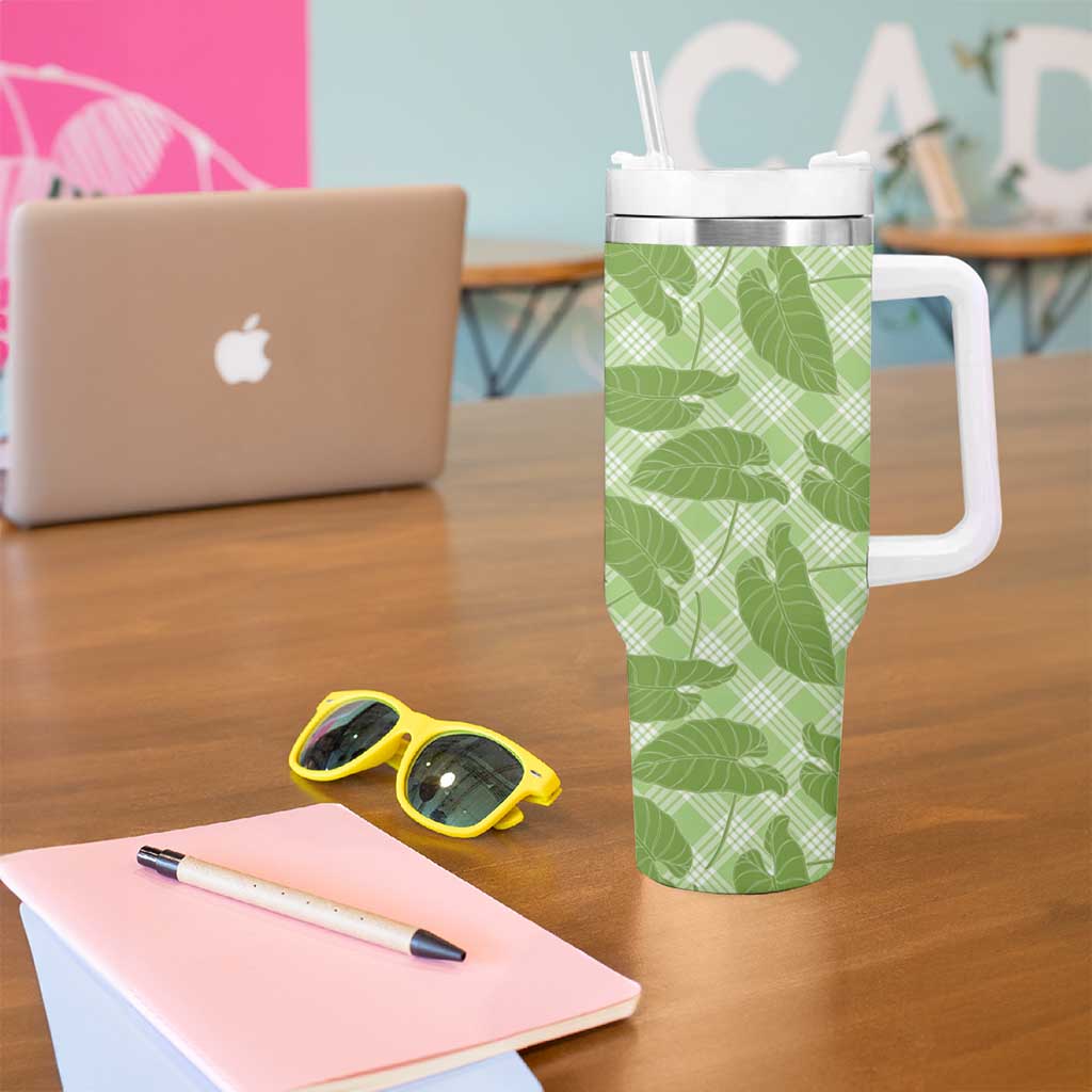 Green Hawaii Kalo Palaka Motifs Tumbler With Handle Hawaiian Taro Leaves Elegant Vibes - Polynesian Pride