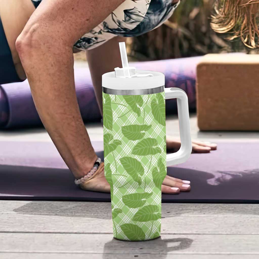 Green Hawaii Kalo Palaka Motifs Tumbler With Handle Hawaiian Taro Leaves Elegant Vibes - Polynesian Pride