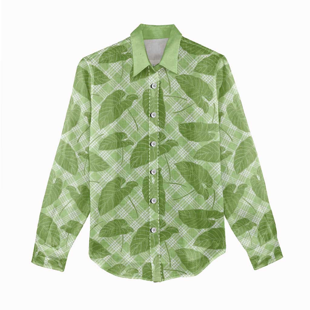 Green Hawaii Kalo Palaka Motifs Women Casual Shirt Hawaiian Taro Leaves Elegant Vibes - Polynesian Pride