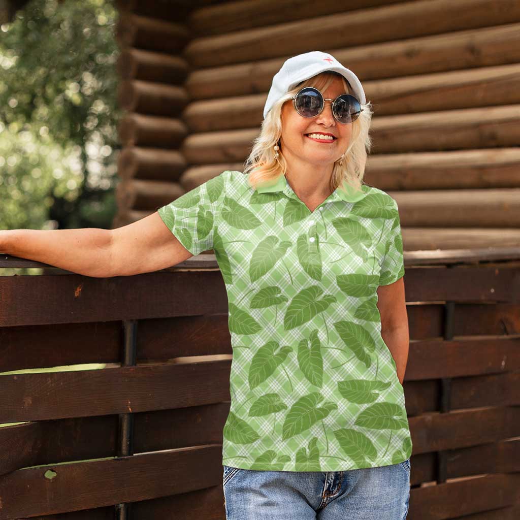 Green Hawaii Kalo Palaka Motifs Women Polo Shirt Hawaiian Taro Leaves Elegant Vibes - Polynesian Pride