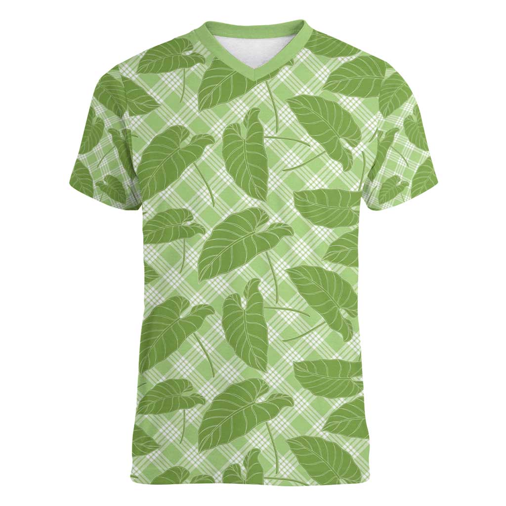 Green Hawaii Kalo Palaka Motifs Women V-Neck T-Shirt Hawaiian Taro Leaves Elegant Vibes - Polynesian Pride