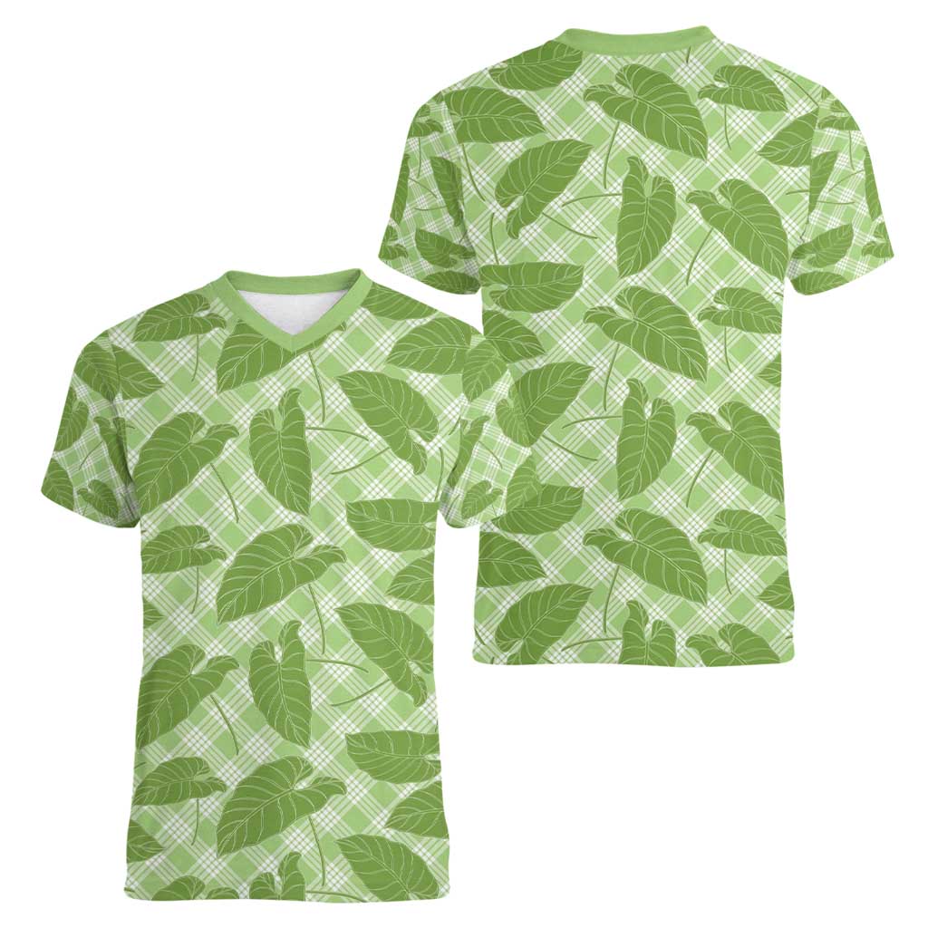 Green Hawaii Kalo Palaka Motifs Women V-Neck T-Shirt Hawaiian Taro Leaves Elegant Vibes - Polynesian Pride