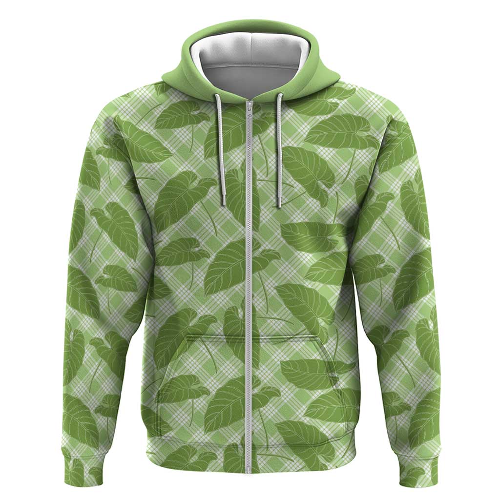 Green Hawaii Kalo Palaka Motifs Zip Hoodie Hawaiian Taro Leaves Elegant Vibes - Polynesian Pride