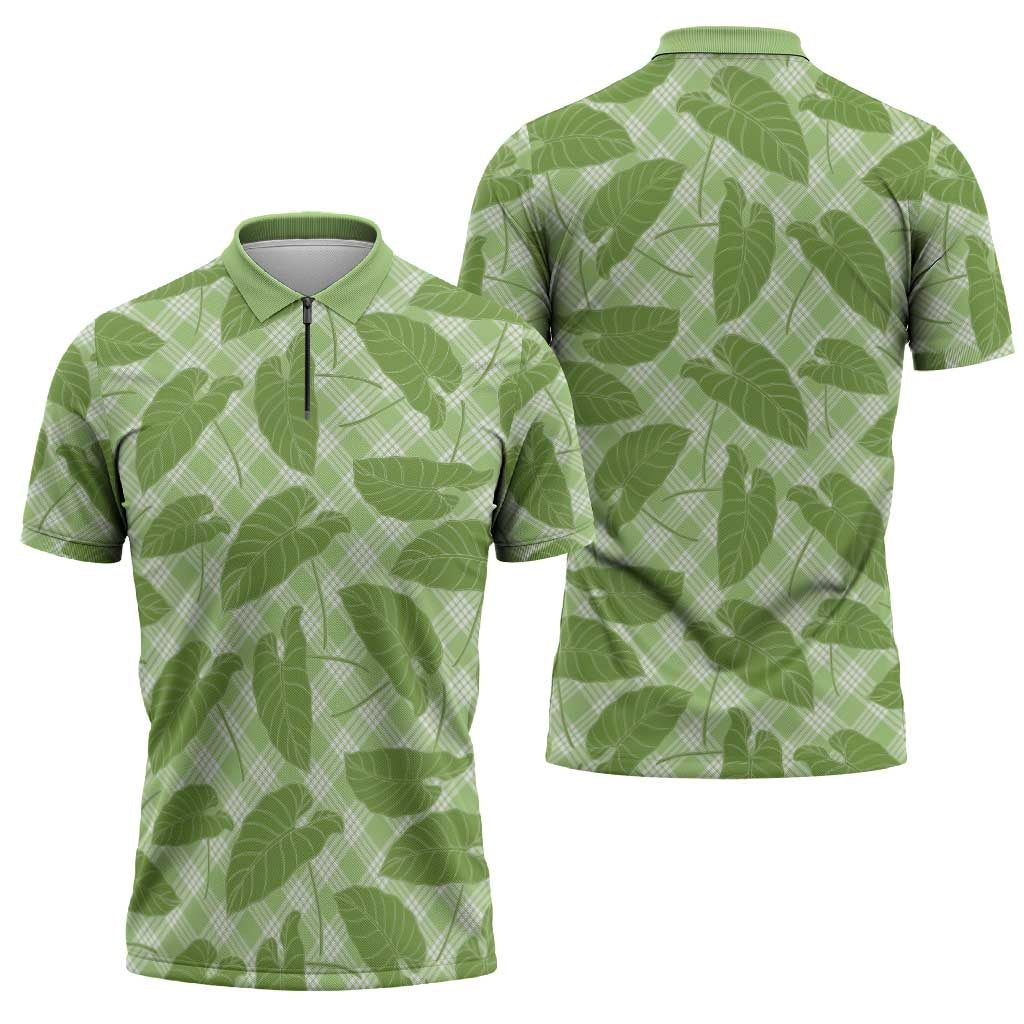 Green Hawaii Kalo Palaka Motifs Zipper Polo Shirt Hawaiian Taro Leaves Elegant Vibes - Polynesian Pride