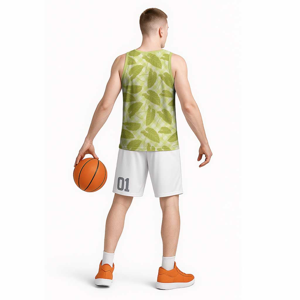 Lime Green Hawaii Kalo Palaka Motifs Basketball Jersey Hawaiian Taro Leaves Elegant Vibes - Polynesian Pride