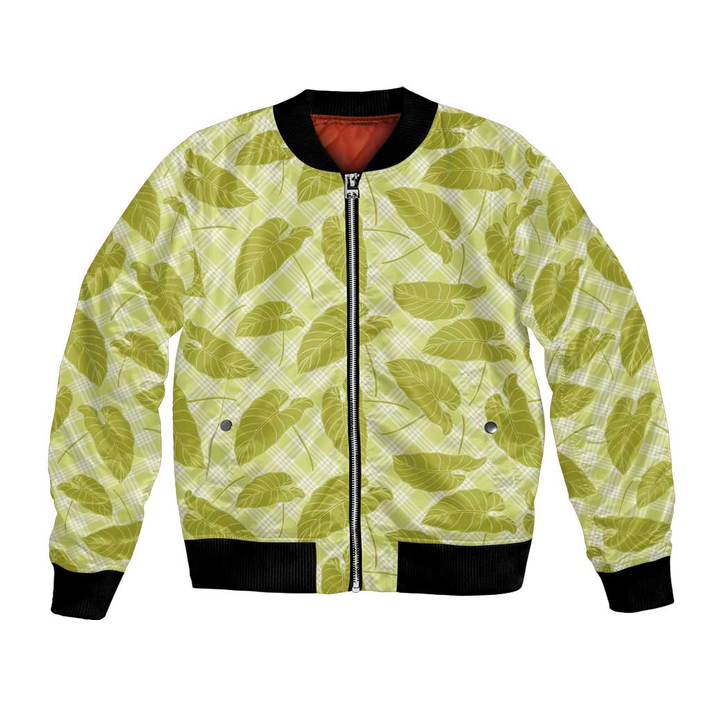 Lime Green Hawaii Kalo Palaka Motifs Bomber Jacket Hawaiian Taro Leaves Elegant Vibes - Polynesian Pride