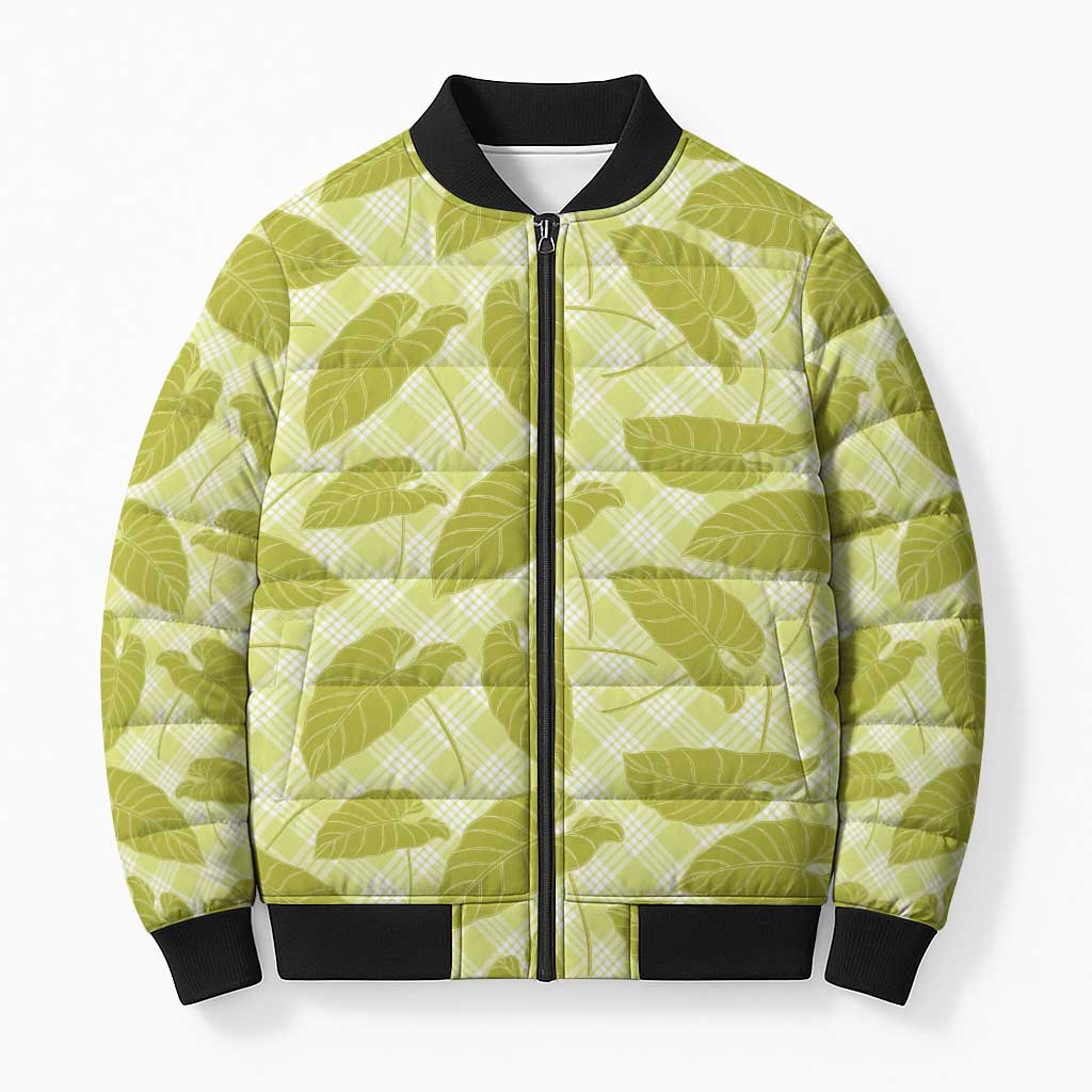 Lime Green Hawaii Kalo Palaka Motifs Bomber Puffer Jacket Hawaiian Taro Leaves Elegant Vibes - Polynesian Pride