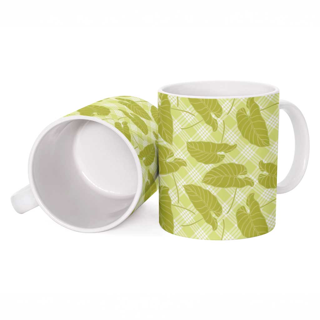 Lime Green Hawaii Kalo Palaka Motifs Ceramic Mug Hawaiian Taro Leaves Elegant Vibes - Polynesian Pride