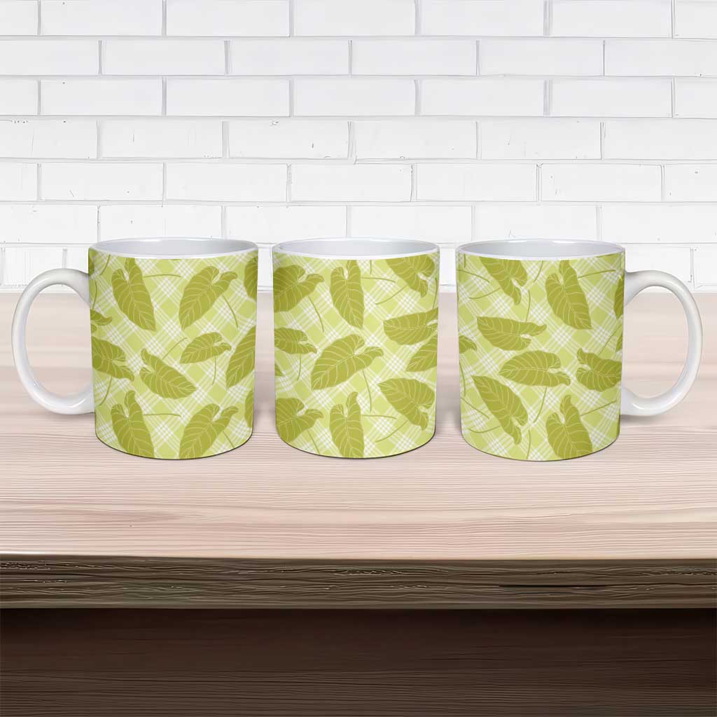 Lime Green Hawaii Kalo Palaka Motifs Ceramic Mug Hawaiian Taro Leaves Elegant Vibes - Polynesian Pride