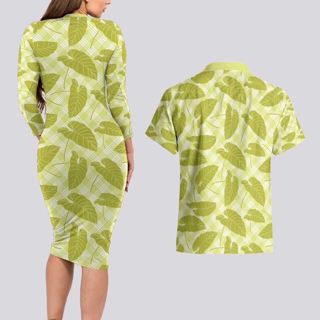 Lime Green Hawaii Kalo Palaka Motifs Couples Matching Long Sleeve Bodycon Dress and Hawaiian Shirt Hawaiian Taro Leaves Elegant Vibes - Polynesian Pride