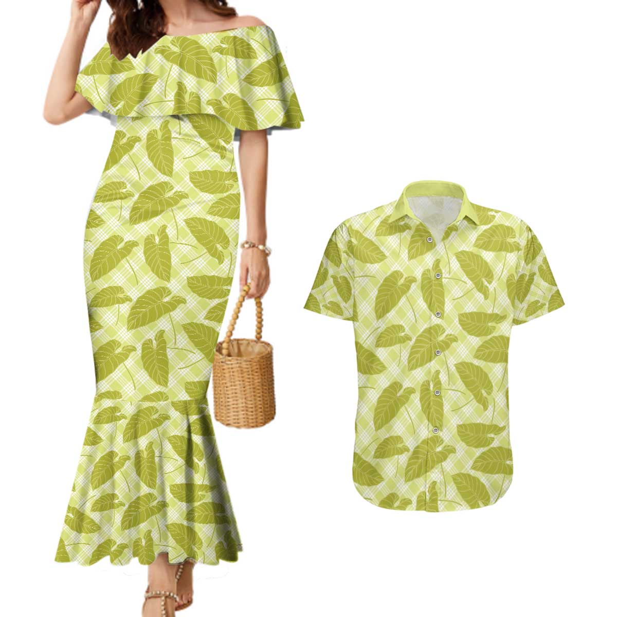 Lime Green Hawaii Kalo Palaka Motifs Couples Matching Mermaid Dress and Hawaiian Shirt Hawaiian Taro Leaves Elegant Vibes - Polynesian Pride