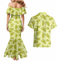 Lime Green Hawaii Kalo Palaka Motifs Couples Matching Mermaid Dress and Hawaiian Shirt Hawaiian Taro Leaves Elegant Vibes - Polynesian Pride