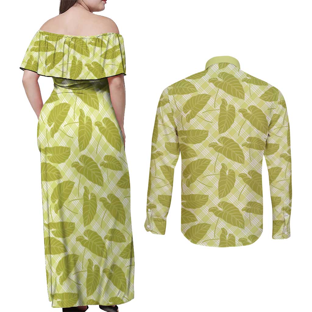 Lime Green Hawaii Kalo Palaka Motifs Couples Matching Off Shoulder Maxi Dress and Long Sleeve Button Shirt Hawaiian Taro Leaves Elegant Vibes - Polynesian Pride