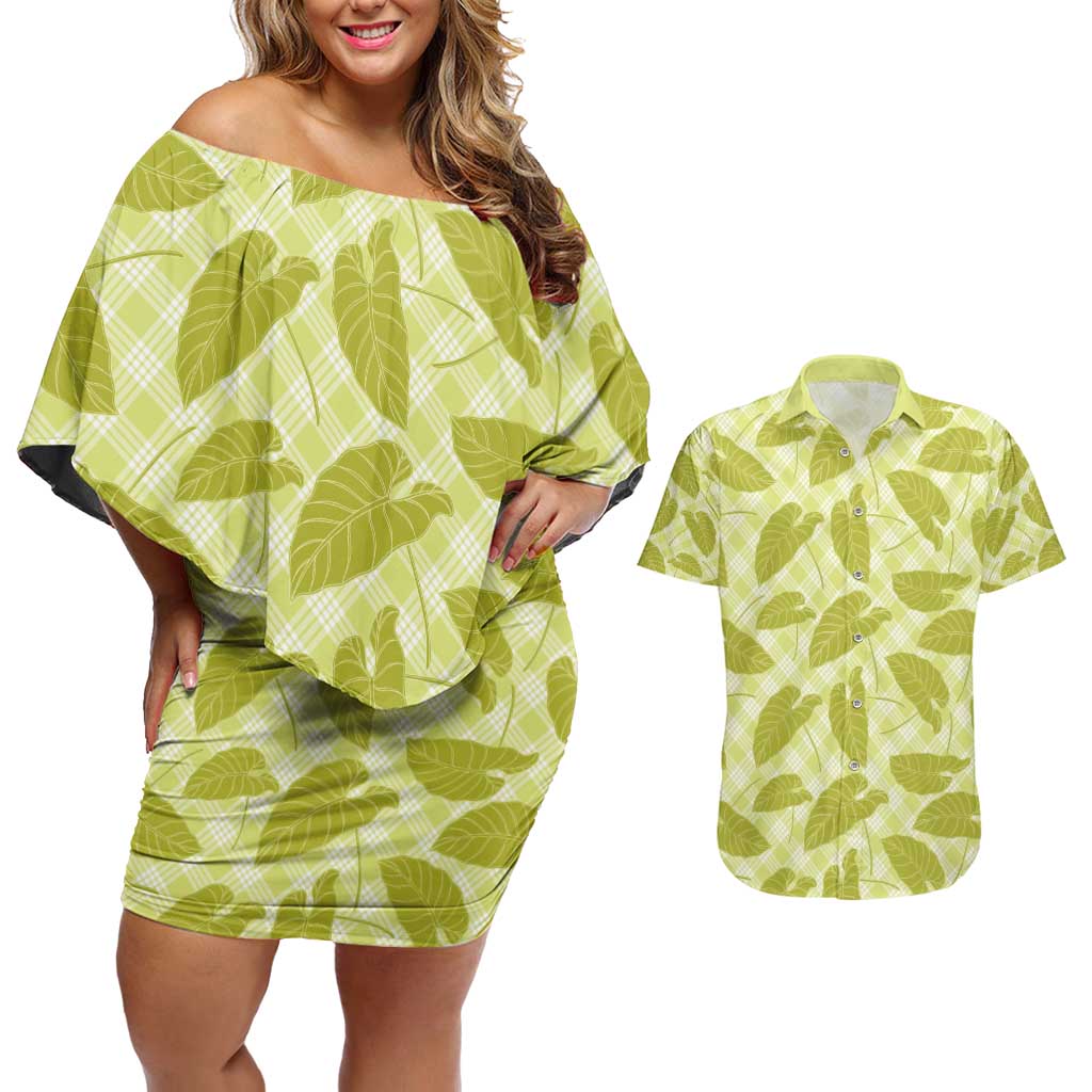 Lime Green Hawaii Kalo Palaka Motifs Couples Matching Off Shoulder Short Dress and Hawaiian Shirt Hawaiian Taro Leaves Elegant Vibes - Polynesian Pride
