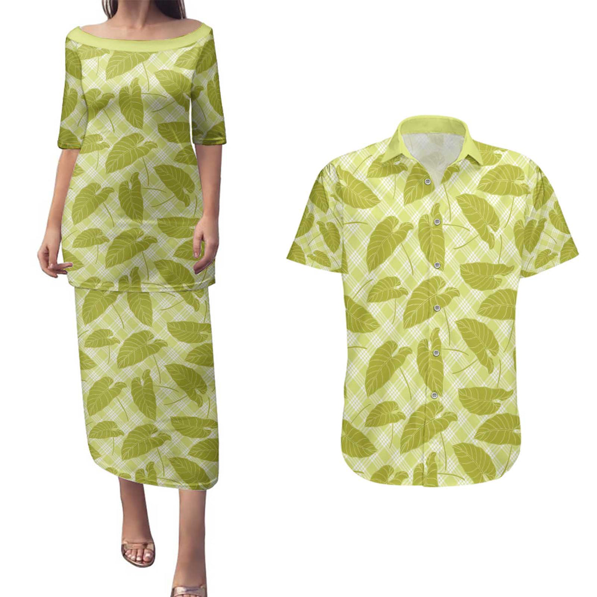 Lime Green Hawaii Kalo Palaka Motifs Couples Matching Puletasi and Hawaiian Shirt Hawaiian Taro Leaves Elegant Vibes - Polynesian Pride