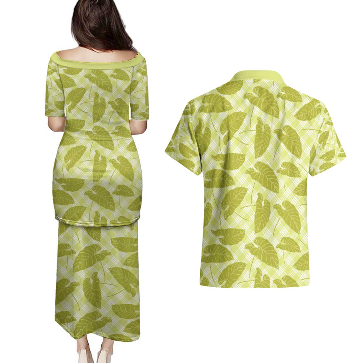 Lime Green Hawaii Kalo Palaka Motifs Couples Matching Puletasi and Hawaiian Shirt Hawaiian Taro Leaves Elegant Vibes - Polynesian Pride