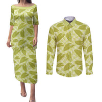 Lime Green Hawaii Kalo Palaka Motifs Couples Matching Puletasi and Long Sleeve Button Shirt Hawaiian Taro Leaves Elegant Vibes - Polynesian Pride