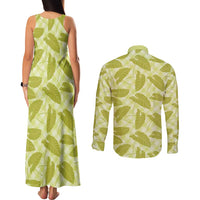 Lime Green Hawaii Kalo Palaka Motifs Couples Matching Tank Maxi Dress and Long Sleeve Button Shirt Hawaiian Taro Leaves Elegant Vibes - Polynesian Pride