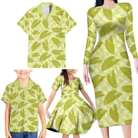 Lime Green Hawaii Kalo Palaka Motifs Family Matching Long Sleeve Bodycon Dress and Hawaiian Shirt Hawaiian Taro Leaves Elegant Vibes - Polynesian Pride
