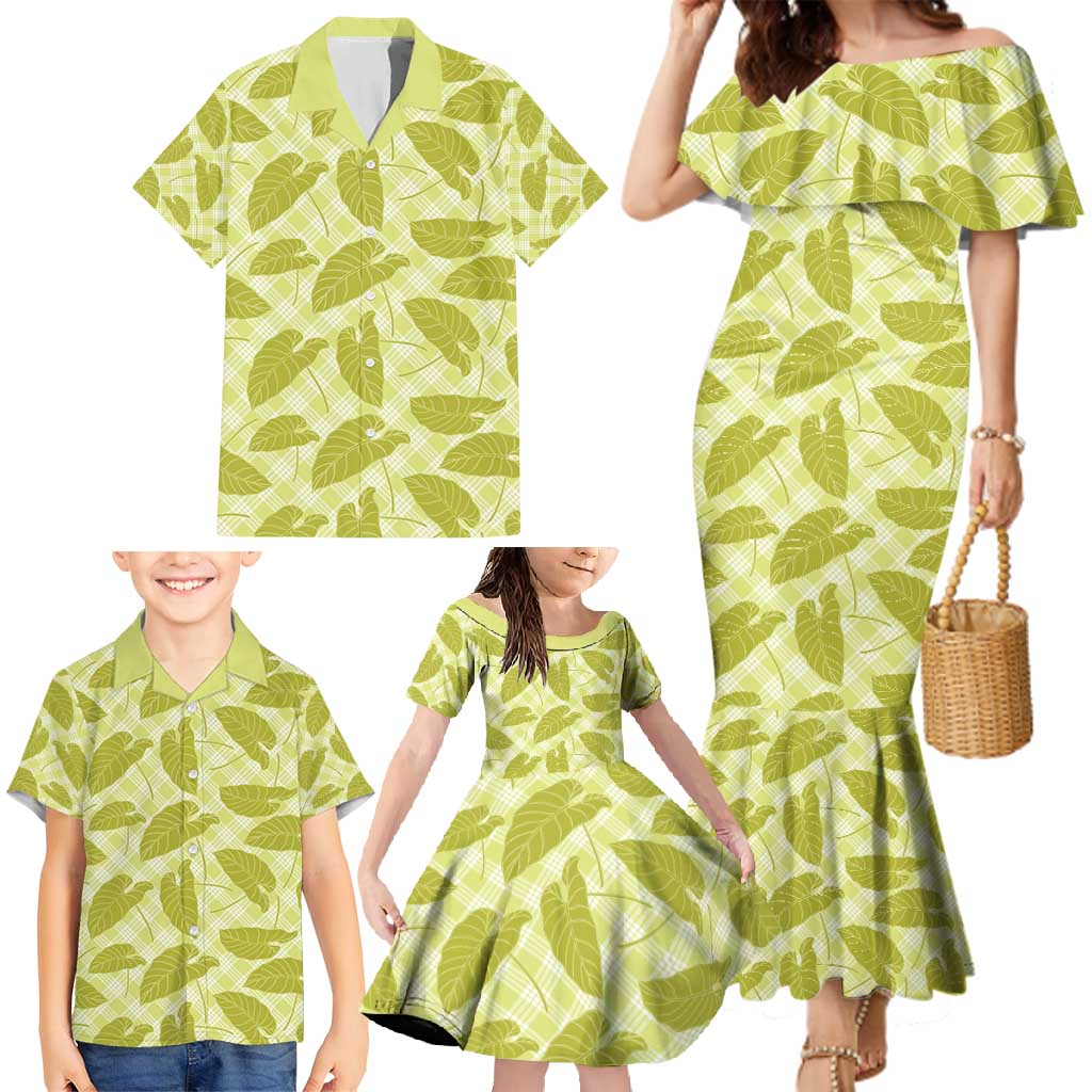 Lime Green Hawaii Kalo Palaka Motifs Family Matching Mermaid Dress and Hawaiian Shirt Hawaiian Taro Leaves Elegant Vibes - Polynesian Pride