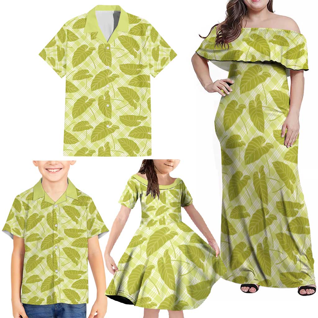 Lime Green Hawaii Kalo Palaka Motifs Family Matching Off Shoulder Maxi Dress and Hawaiian Shirt Hawaiian Taro Leaves Elegant Vibes - Polynesian Pride