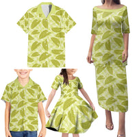 Lime Green Hawaii Kalo Palaka Motifs Family Matching Puletasi and Hawaiian Shirt Hawaiian Taro Leaves Elegant Vibes - Polynesian Pride