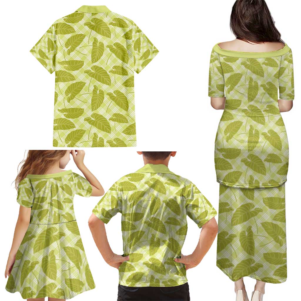 Lime Green Hawaii Kalo Palaka Motifs Family Matching Puletasi and Hawaiian Shirt Hawaiian Taro Leaves Elegant Vibes - Polynesian Pride