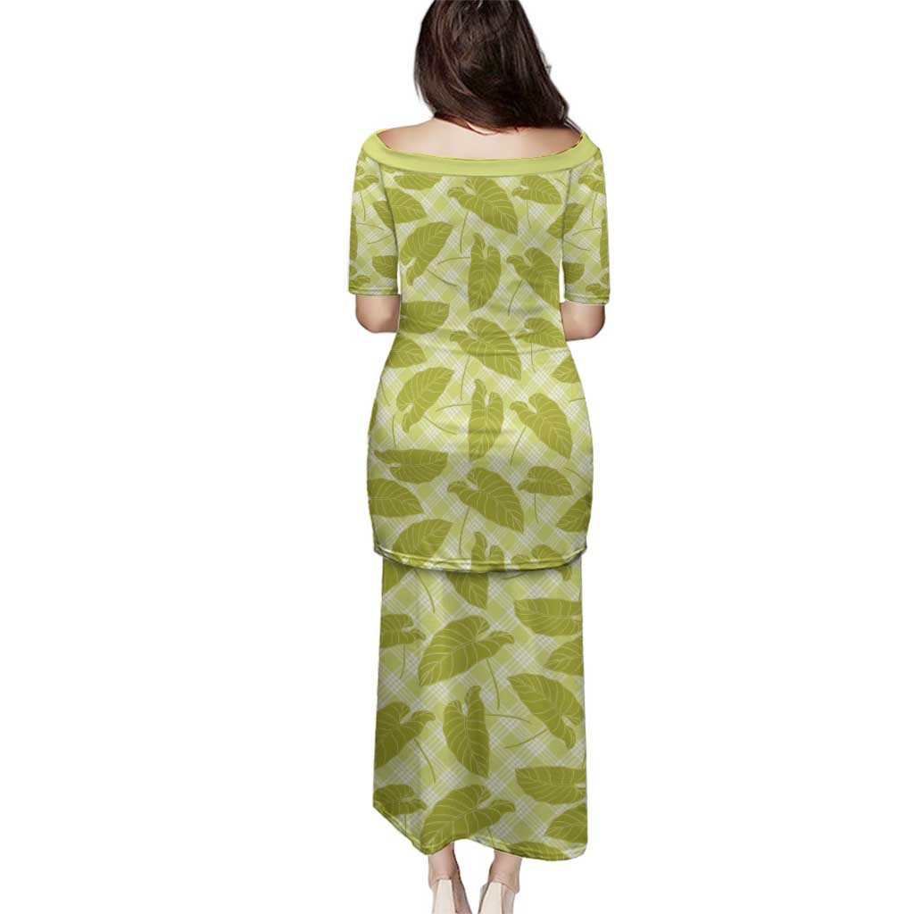Lime Green Hawaii Kalo Palaka Motifs Family Matching Puletasi and Hawaiian Shirt Hawaiian Taro Leaves Elegant Vibes - Polynesian Pride