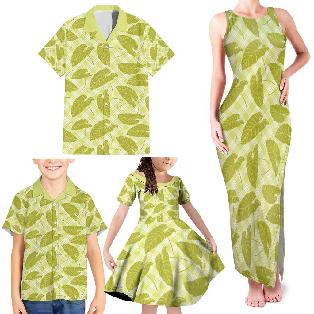 Lime Green Hawaii Kalo Palaka Motifs Family Matching Tank Maxi Dress and Hawaiian Shirt Hawaiian Taro Leaves Elegant Vibes - Polynesian Pride