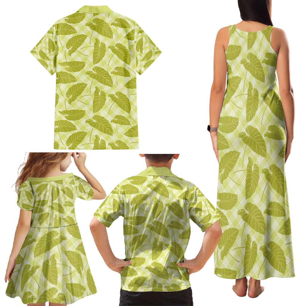 Lime Green Hawaii Kalo Palaka Motifs Family Matching Tank Maxi Dress and Hawaiian Shirt Hawaiian Taro Leaves Elegant Vibes - Polynesian Pride