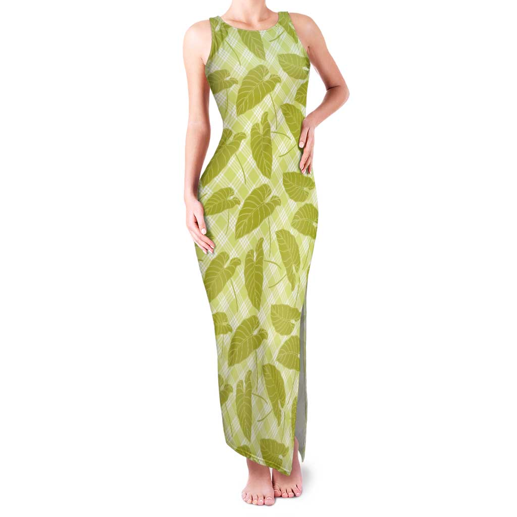 Lime Green Hawaii Kalo Palaka Motifs Family Matching Tank Maxi Dress and Hawaiian Shirt Hawaiian Taro Leaves Elegant Vibes - Polynesian Pride