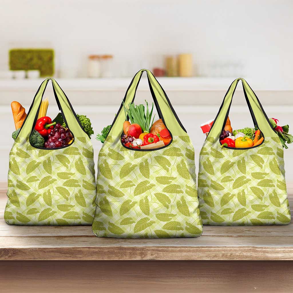 Lime Green Hawaii Kalo Palaka Motifs Grocery Bag Hawaiian Taro Leaves Elegant Vibes - Polynesian Pride