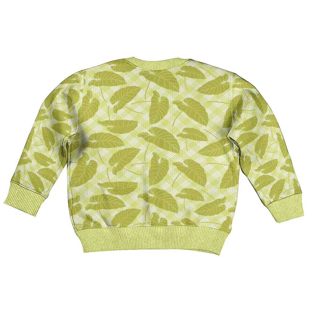 Lime Green Hawaii Kalo Palaka Motifs Kid Ugly Christmas Sweater Hawaiian Taro Leaves Elegant Vibes - Polynesian Pride