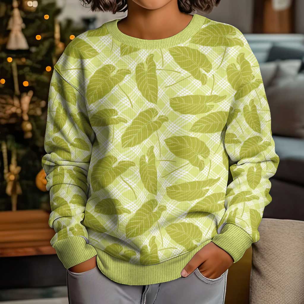 Lime Green Hawaii Kalo Palaka Motifs Kid Ugly Christmas Sweater Hawaiian Taro Leaves Elegant Vibes - Polynesian Pride