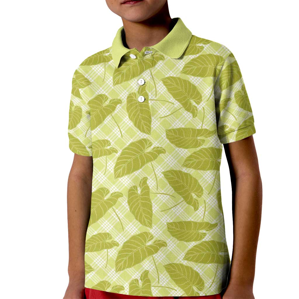 Lime Green Hawaii Kalo Palaka Motifs Kid Polo Shirt Hawaiian Taro Leaves Elegant Vibes - Polynesian Pride