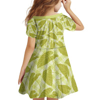 Lime Green Hawaii Kalo Palaka Motifs Kid Short Sleeve Dress Hawaiian Taro Leaves Elegant Vibes - Polynesian Pride