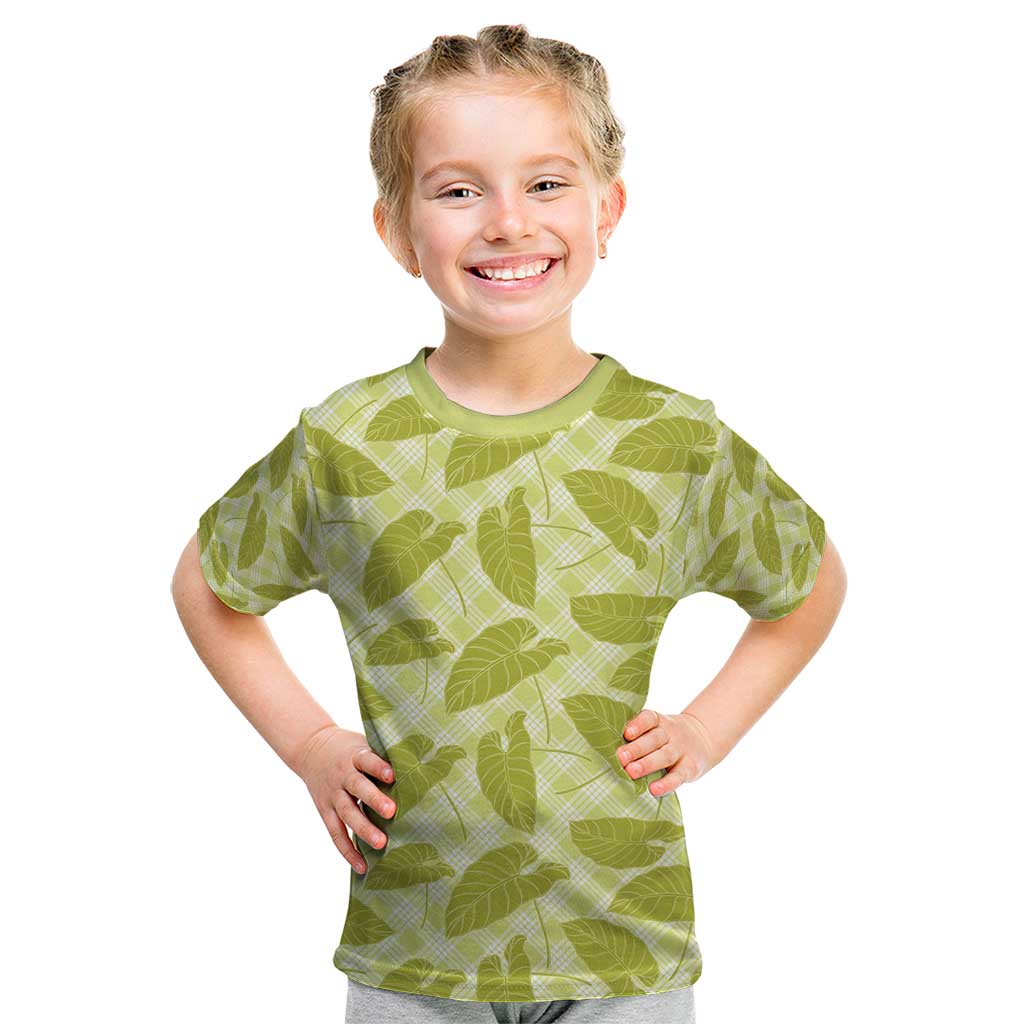 Lime Green Hawaii Kalo Palaka Motifs Kid T Shirt Hawaiian Taro Leaves Elegant Vibes - Polynesian Pride