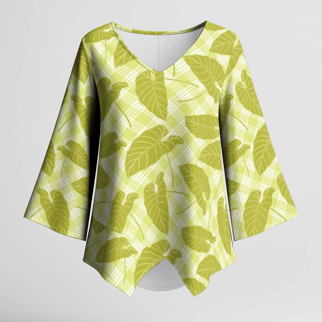 Lime Green Hawaii Kalo Palaka Motifs Kimono Sleeve Blouse Hawaiian Taro Leaves Elegant Vibes - Polynesian Pride