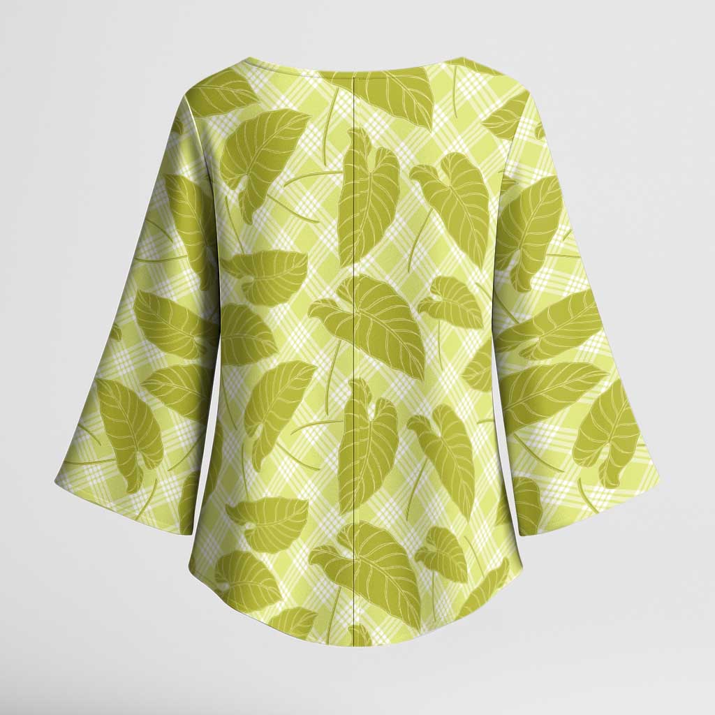 Lime Green Hawaii Kalo Palaka Motifs Kimono Sleeve Blouse Hawaiian Taro Leaves Elegant Vibes - Polynesian Pride