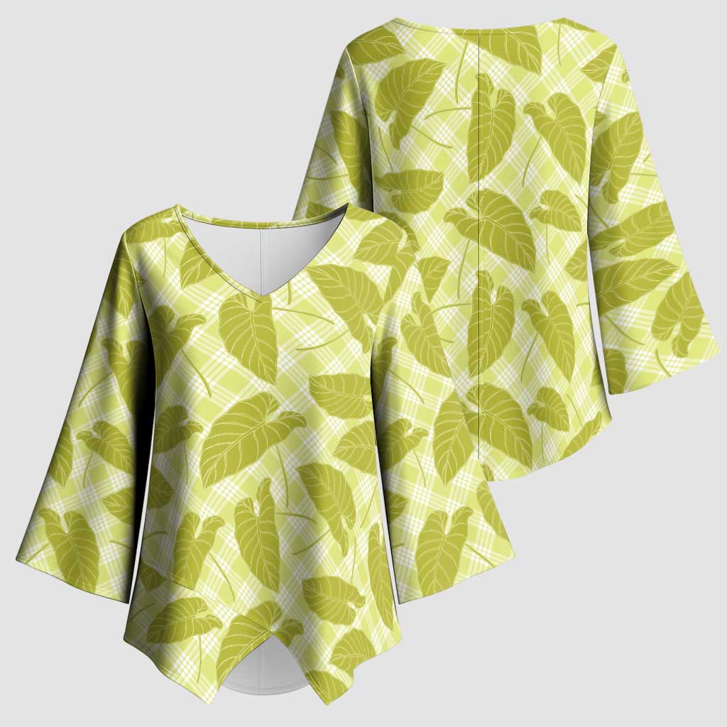 Lime Green Hawaii Kalo Palaka Motifs Kimono Sleeve Blouse Hawaiian Taro Leaves Elegant Vibes - Polynesian Pride