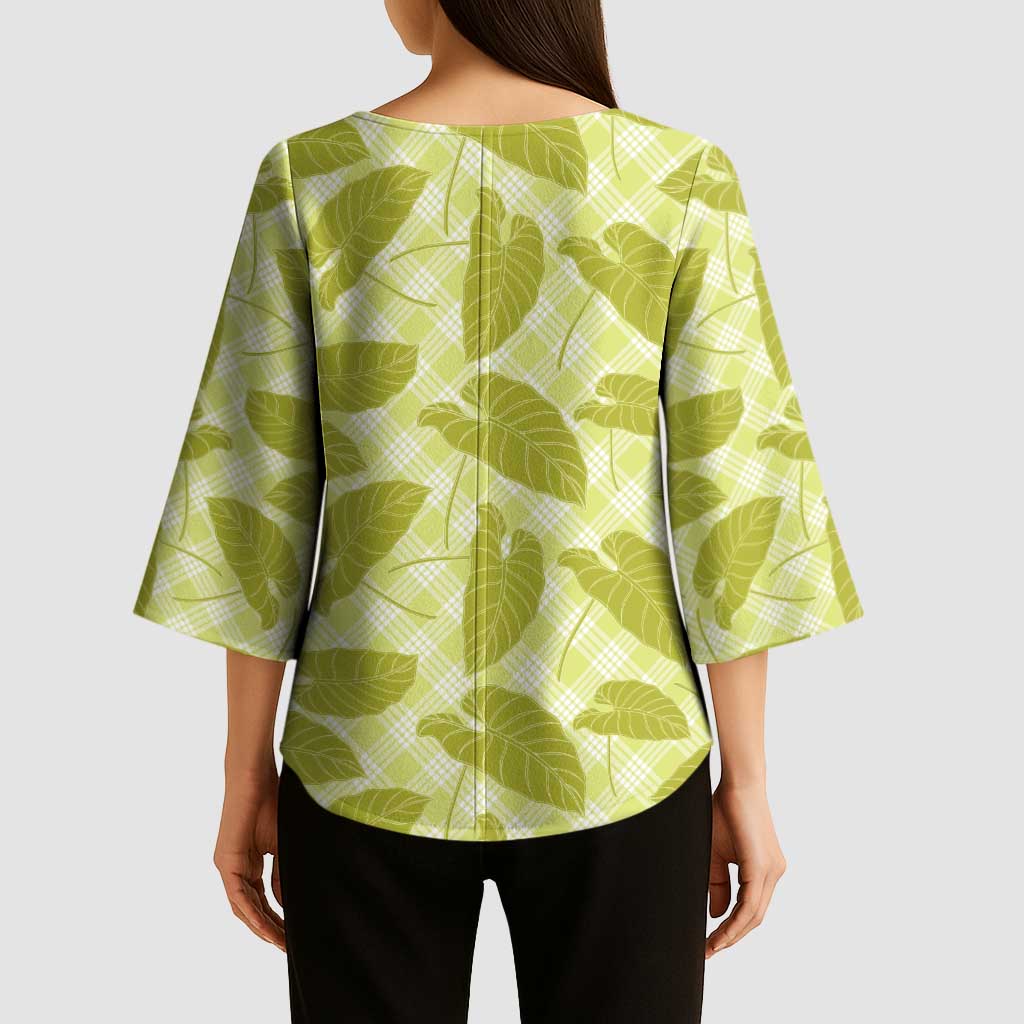 Lime Green Hawaii Kalo Palaka Motifs Kimono Sleeve Blouse Hawaiian Taro Leaves Elegant Vibes - Polynesian Pride