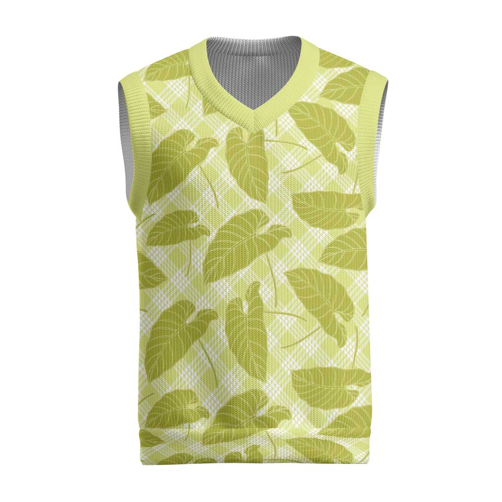Lime Green Hawaii Kalo Palaka Motifs Christmas Knitted V-Neck Vest Hawaiian Taro Leaves Elegant Vibes - Polynesian Pride