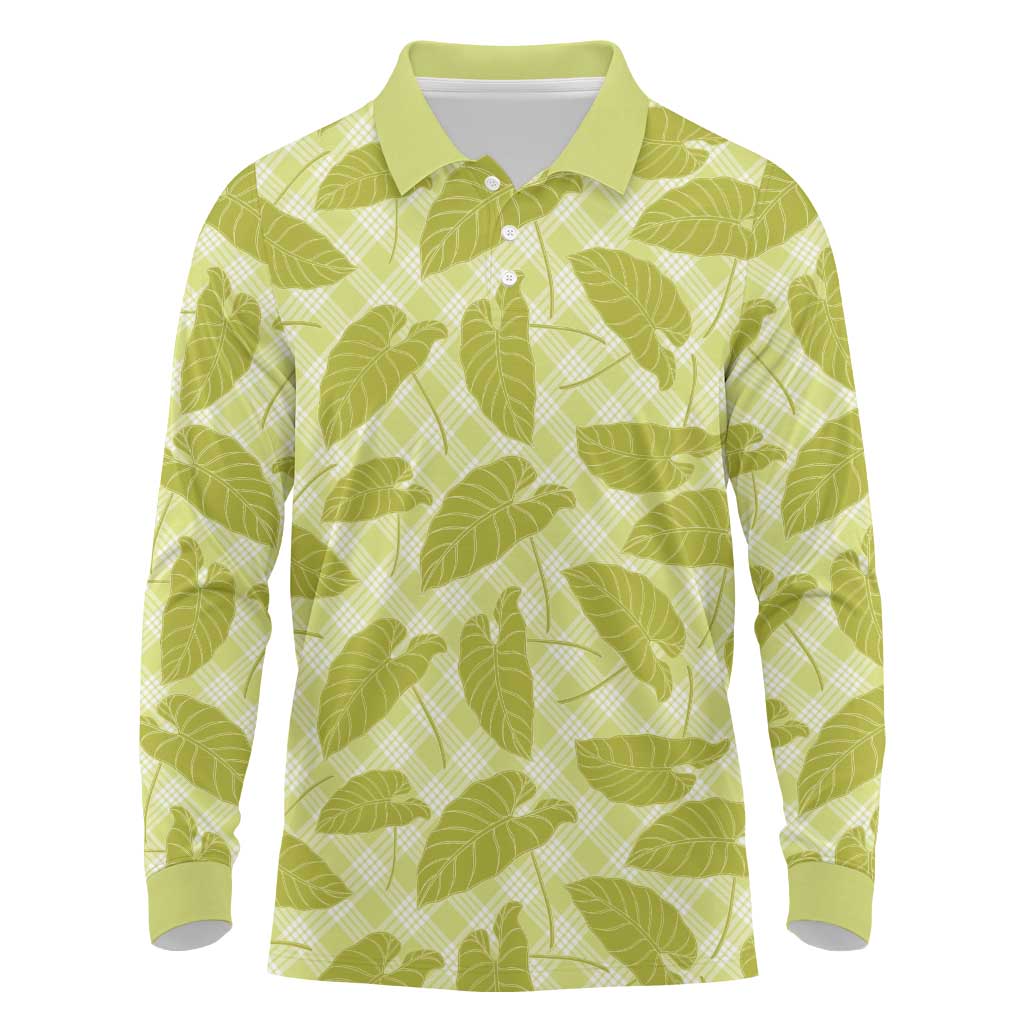 Lime Green Hawaii Kalo Palaka Motifs Long Sleeve Polo Shirt Hawaiian Taro Leaves Elegant Vibes - Polynesian Pride