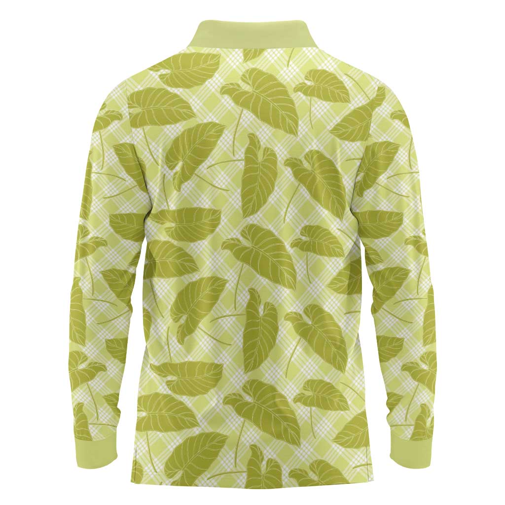 Lime Green Hawaii Kalo Palaka Motifs Long Sleeve Polo Shirt Hawaiian Taro Leaves Elegant Vibes - Polynesian Pride